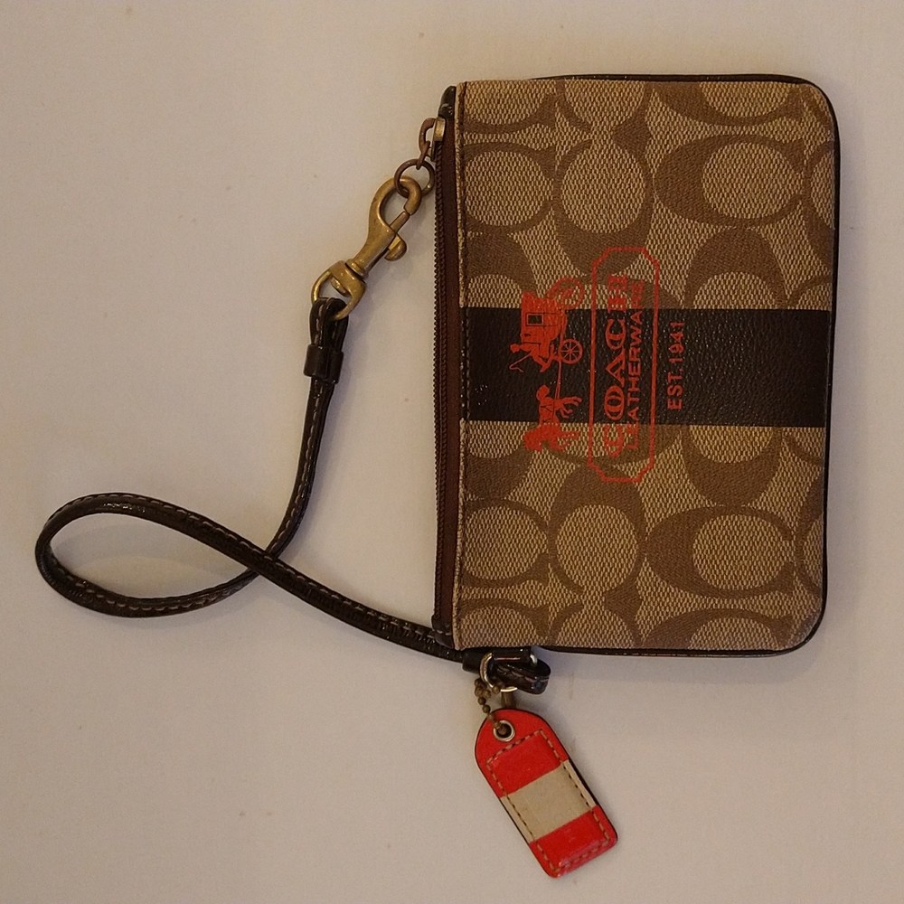 Rare Vintage Coach Heritage Stripe Zip Signature C wristlet.